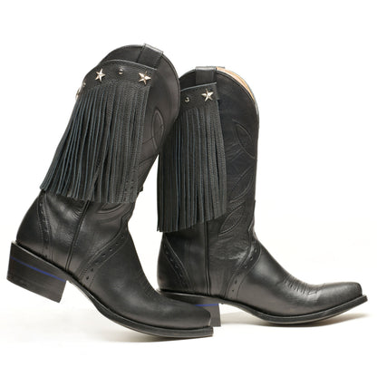 Black fringe cowboy boots with pointed toe and low heel, star detail on shaft