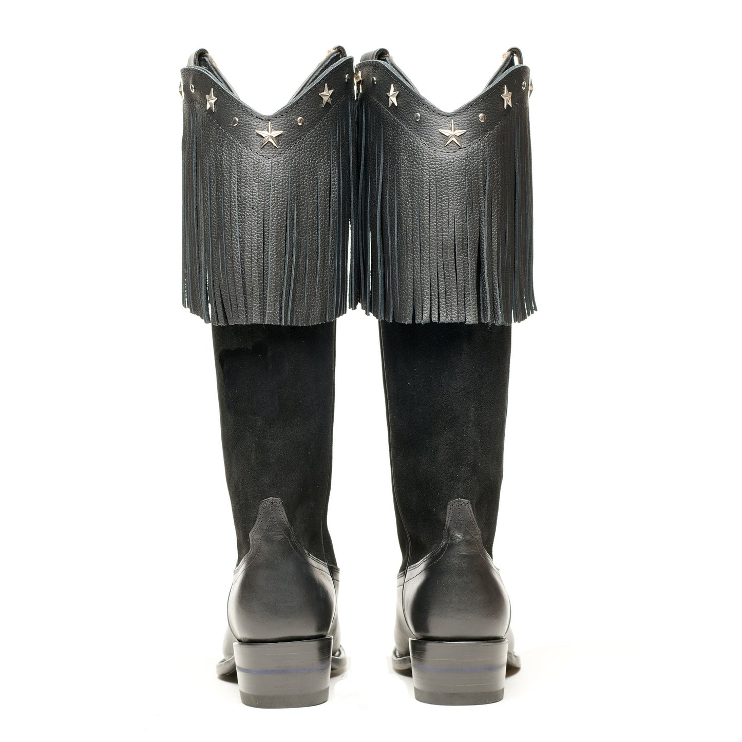 Black cowboy boots, back view, with long fringe and star accents on tops
