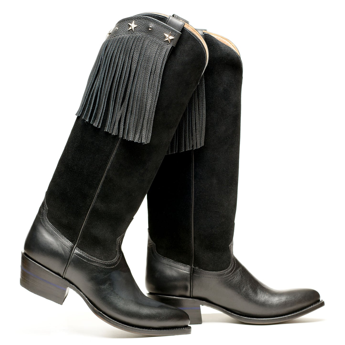 Black suede-look cowboy boots with ankle fringe and star studs