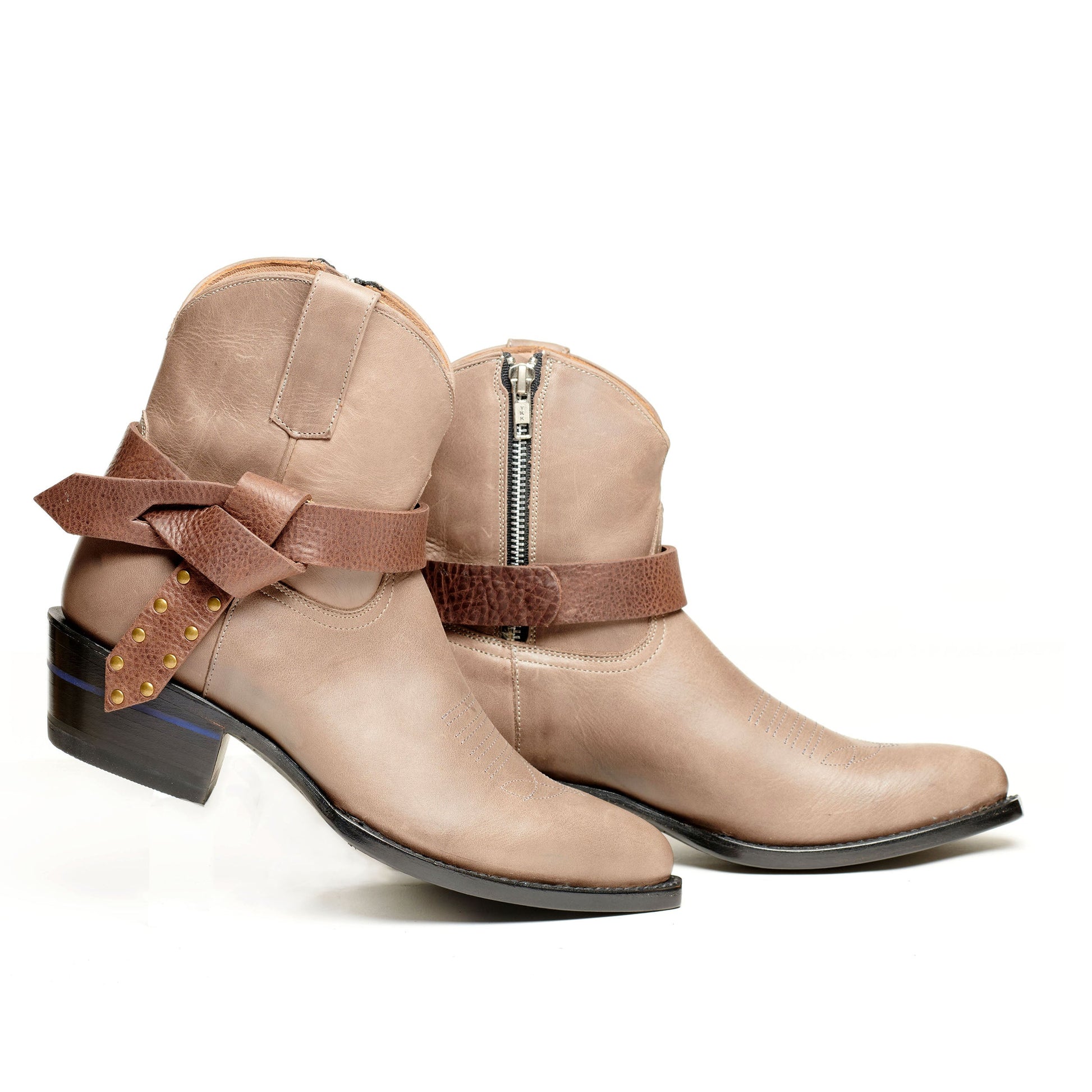 Boot knot Western ankle boots, light tan with brown bow knot and side zipper