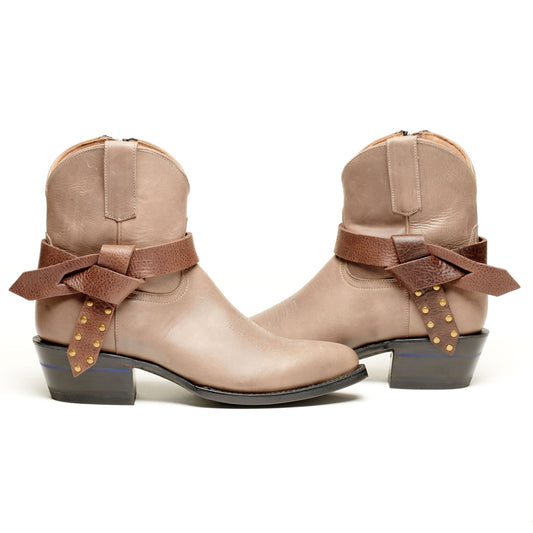 Boot knot Western ankle boots, light tan with brown bow knot and gold studs