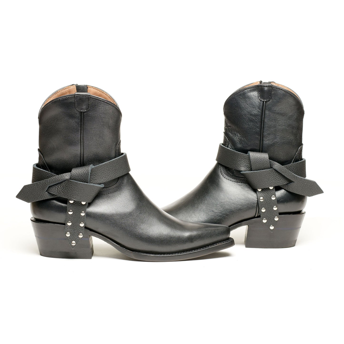 Boot knot Western ankle boots, black leather with gray bow knot and silver studs