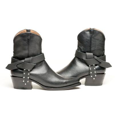 Boot knot Western ankle boots, black leather with gray bow knot and silver studs