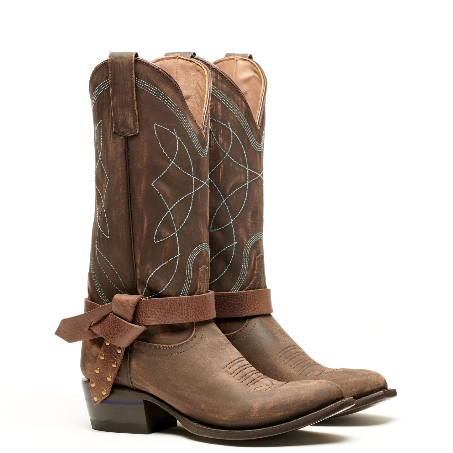 Boot knot Western boots, dark brown with stitched pattern and brown bow knot at shaft
