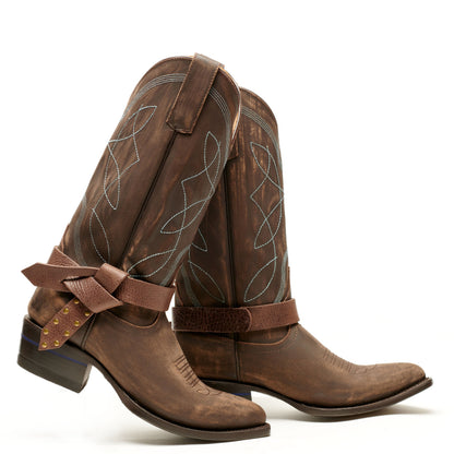 Boot knot Western boots, dark brown with stitched design and brown bow knot