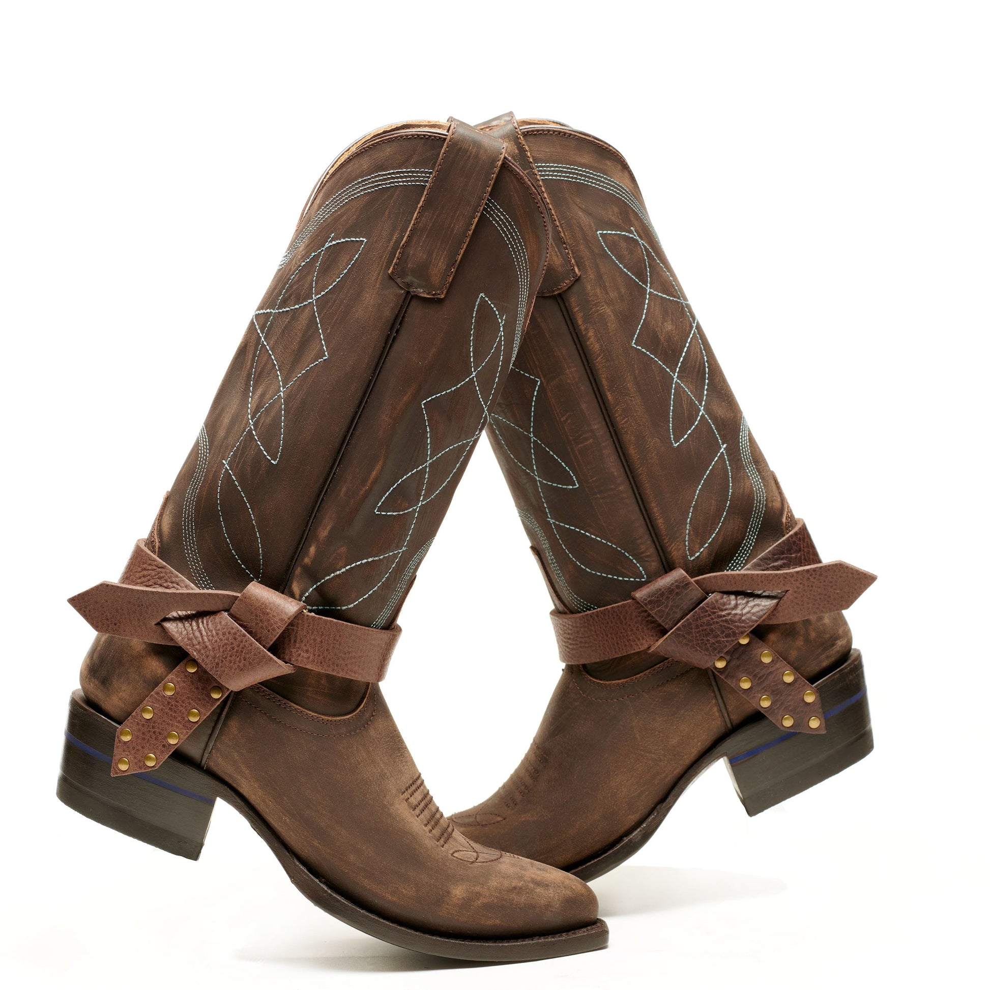 Boot knot Western boots, dark brown with stitched pattern and brown bow knot