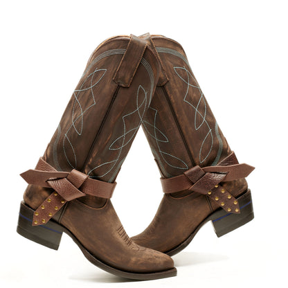 Boot knot Western boots, dark brown with stitched pattern and brown bow knot