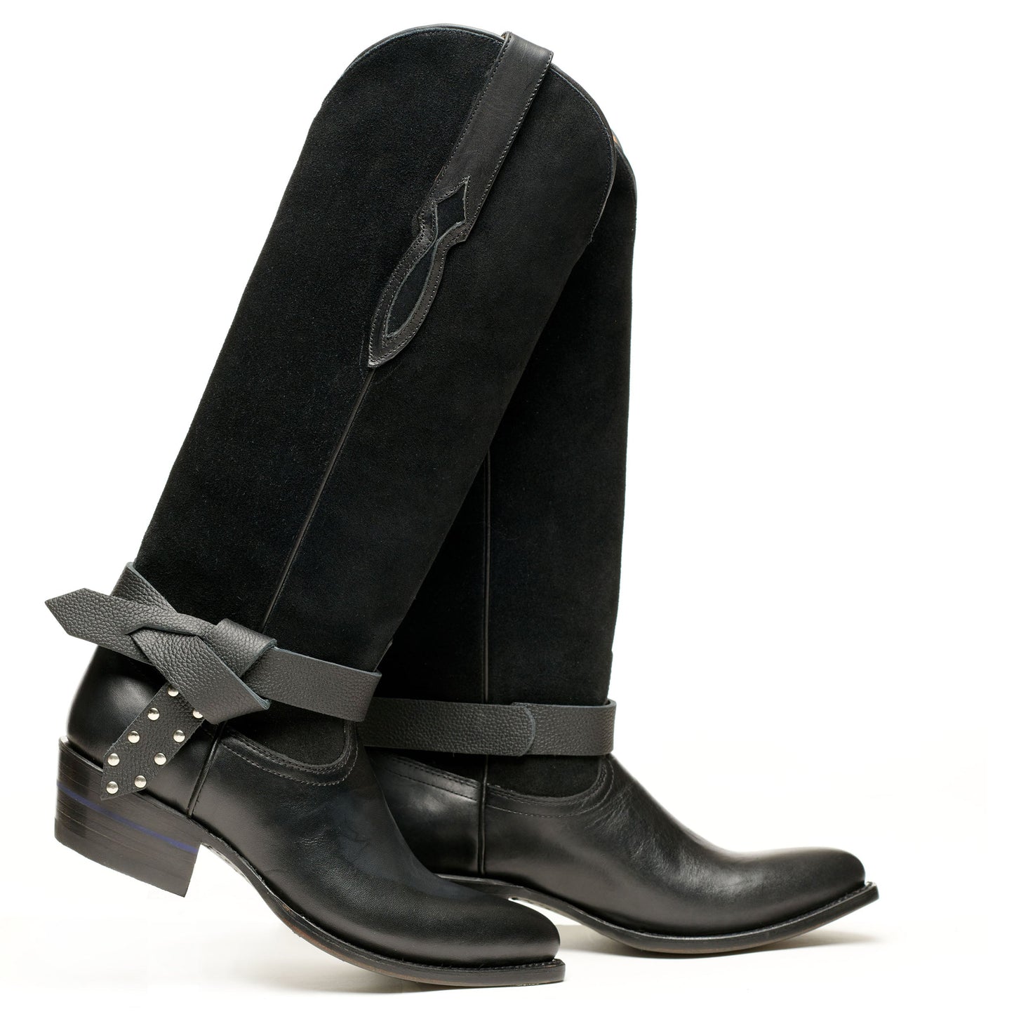 Black knee-high boot with side wrap strap and small metal studs
