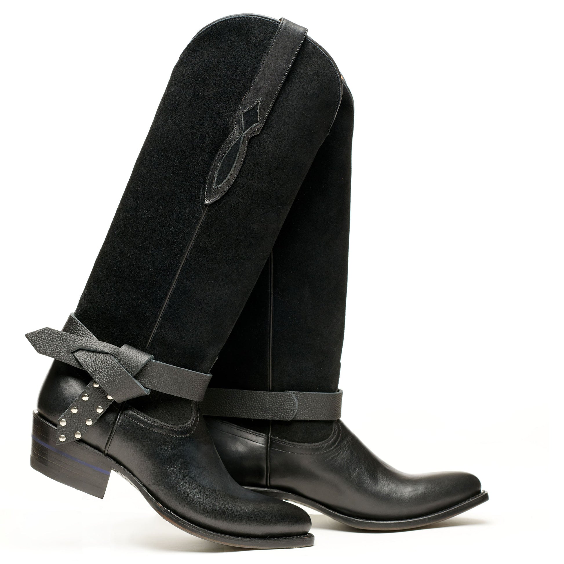 Black knee-high boot with side wrap strap and small metal studs