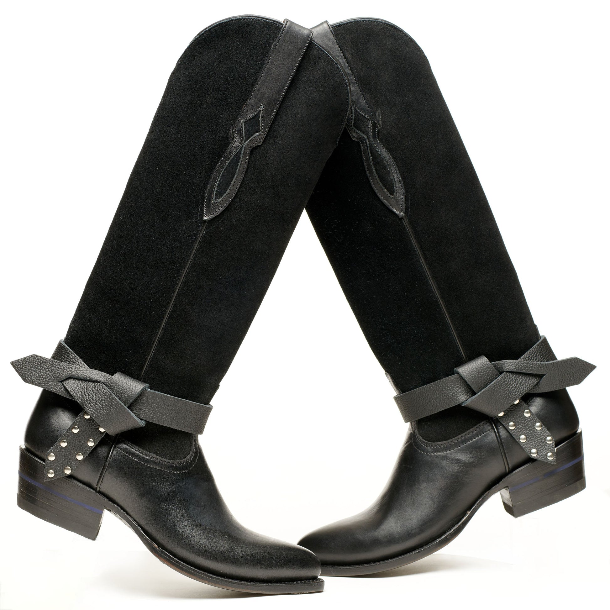 Boot knot Western boots, black with bow knot belt and studded strap accents