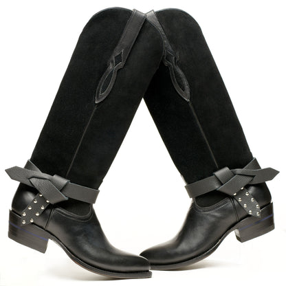 Boot knot Western boots, black with bow knot belt and studded strap accents