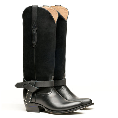 Black mid-calf boot with side strap and studded knot detail
