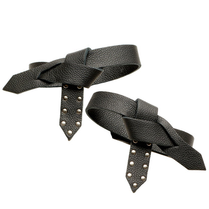 Boot knot heel and bow knot straps, dark gray with studded hanging tag detail