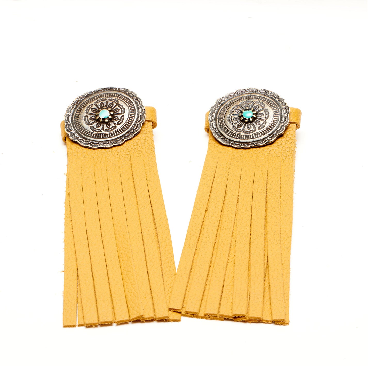 Mustard yellow boot tassel pair with silver concho and turquoise center