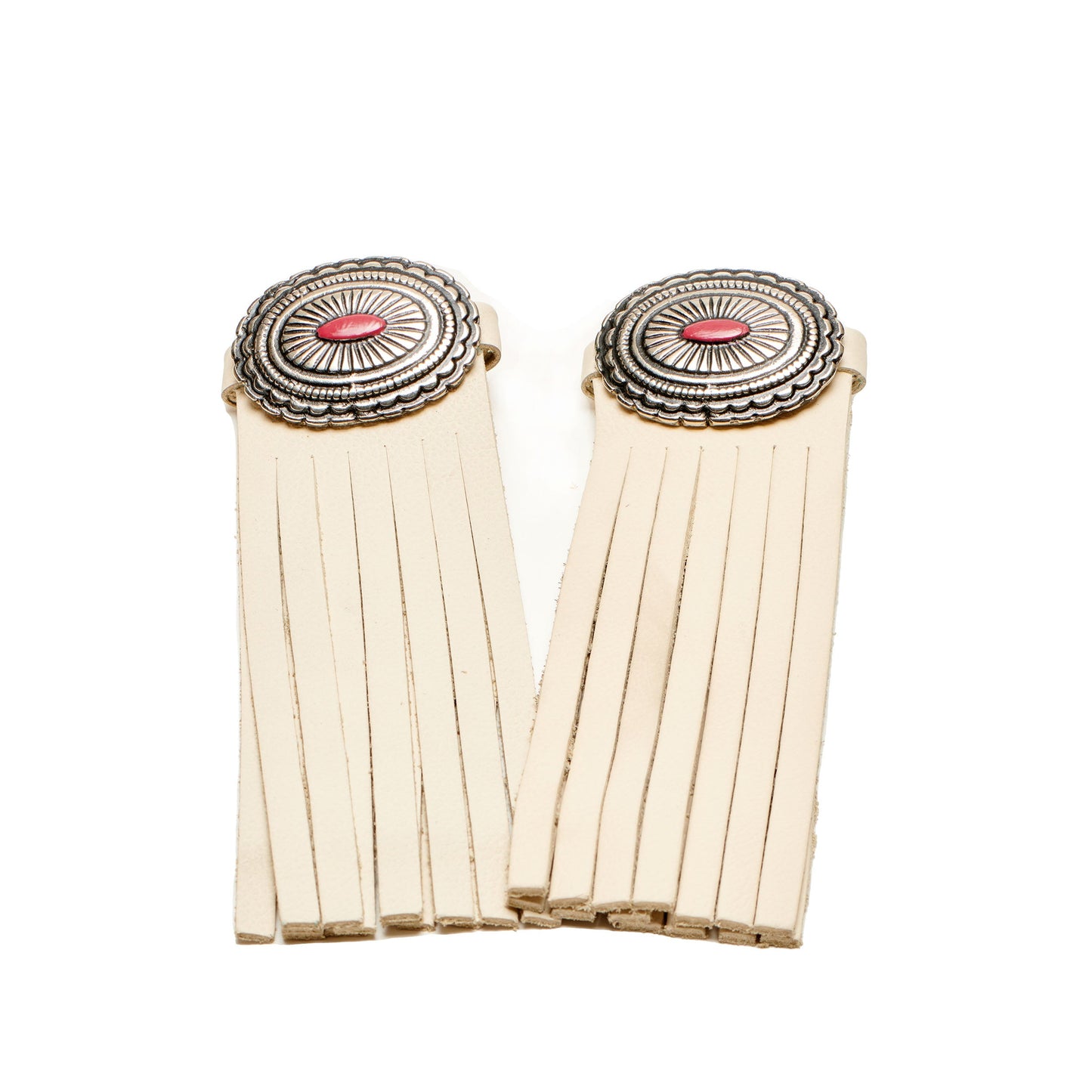 Cream boot shaft tassel with round silver concho and vertical fringe