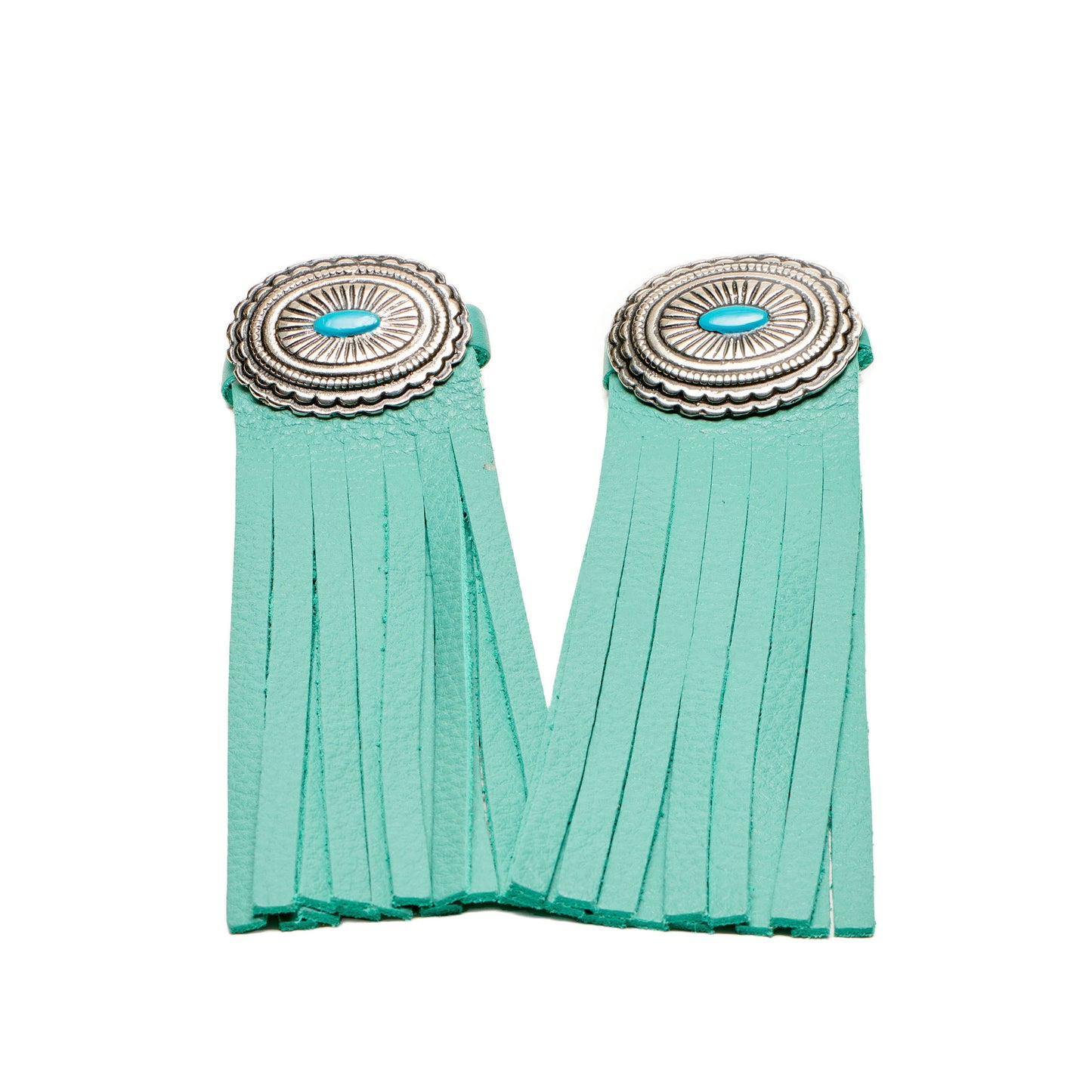 Turquoise boot tassel pair with silver concho and turquoise center