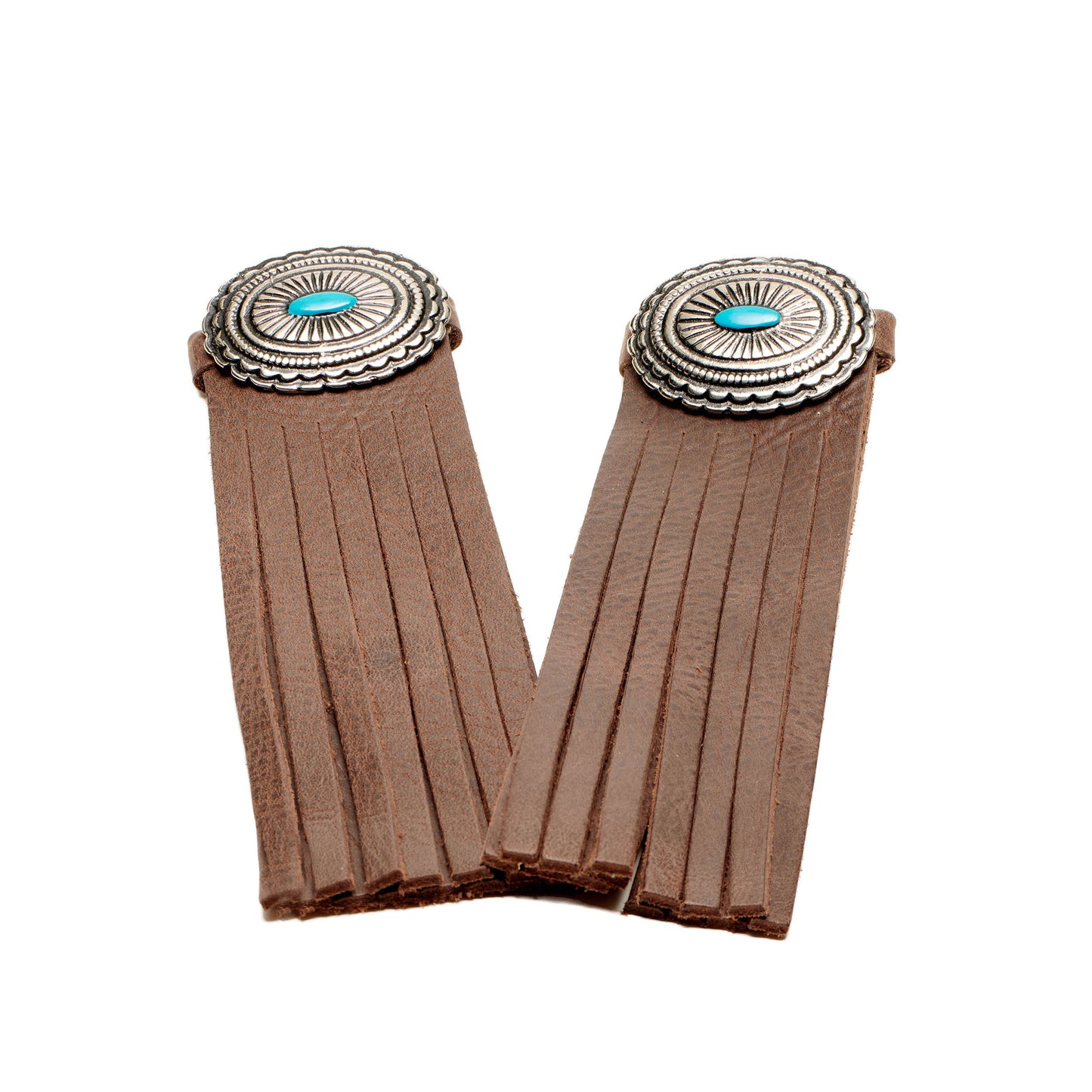 Suede boot tassel pair with concho medallion and turquoise center