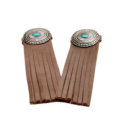 Suede boot tassel pair with concho medallion and turquoise center