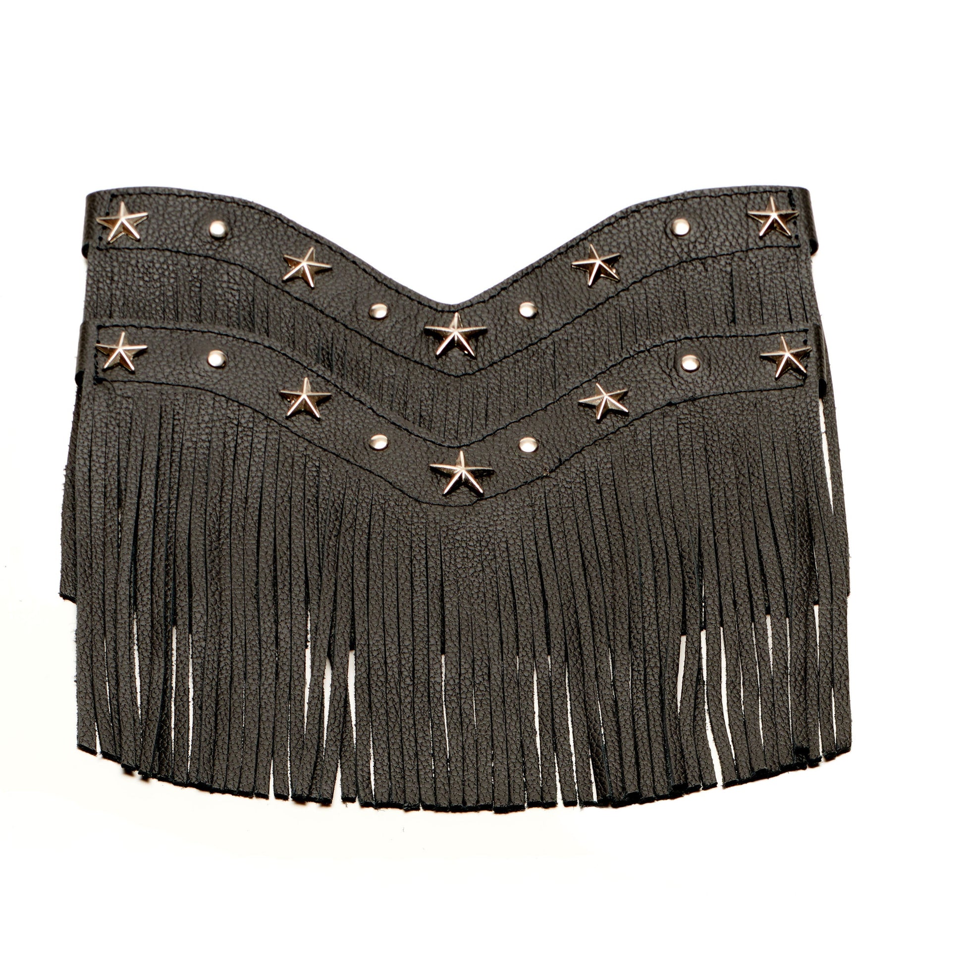 Black fringe boot with star-studded top and curved yoke