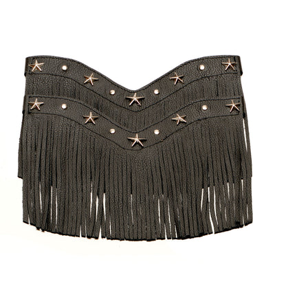 Black fringe boot with star-studded top and curved yoke