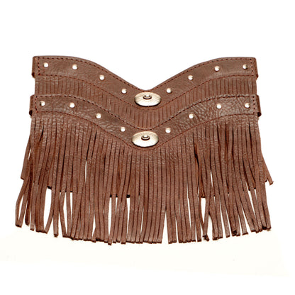Brown fringe boot shaft with curved top panel, silver conchos, and metal studs