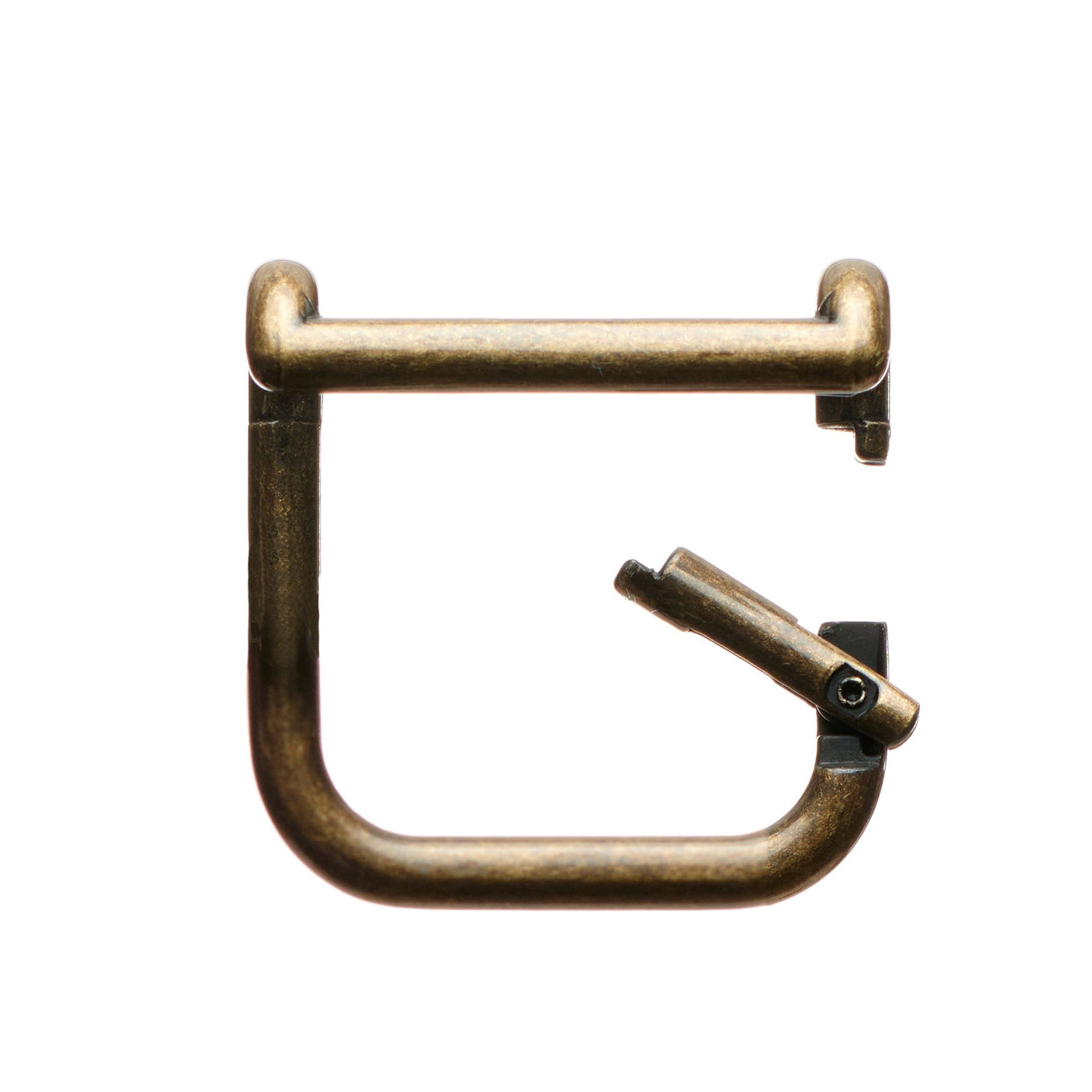 Gold boot pull clip with metal handle bar and spring-loaded latch.
