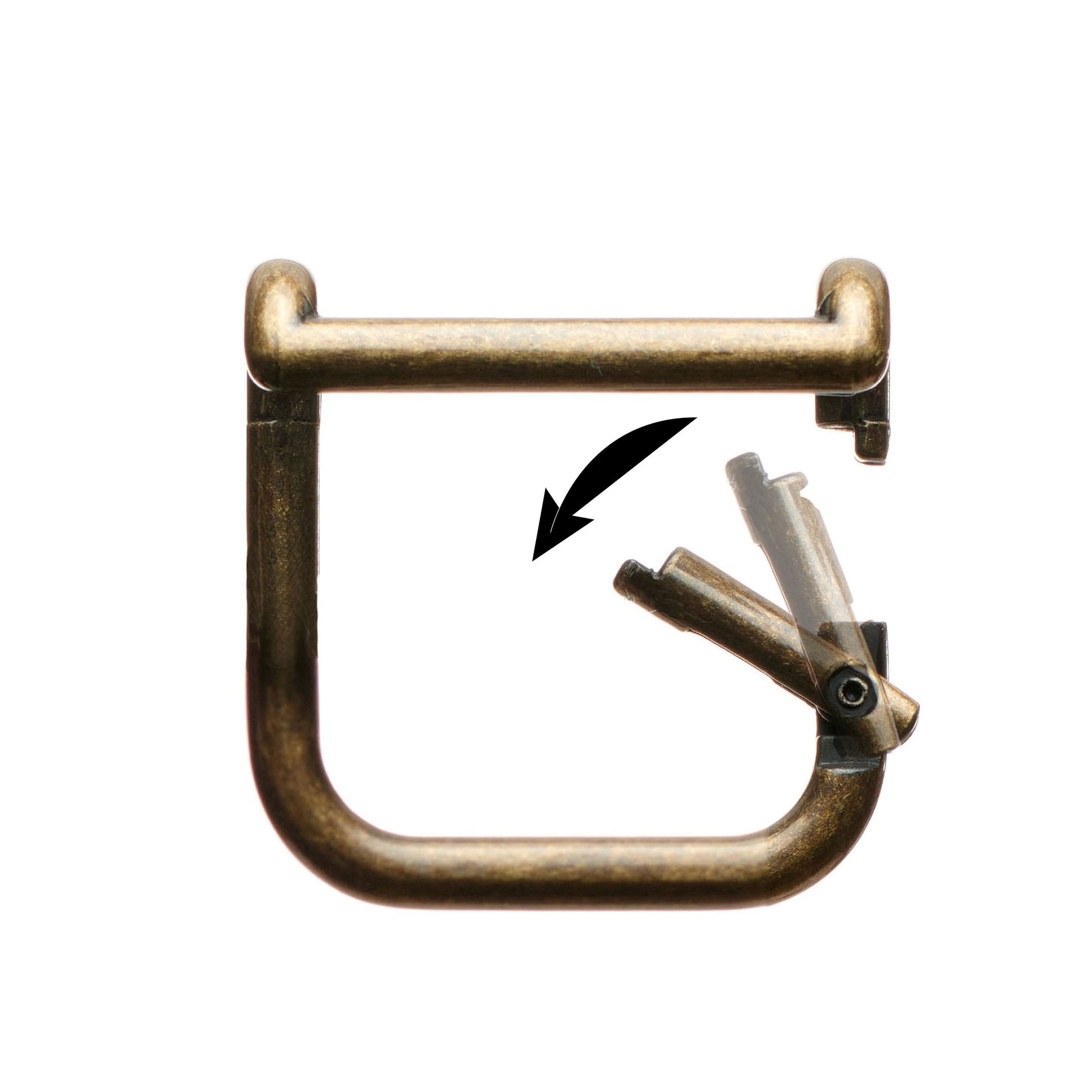 Boot mule metal clasp detail with hinged bar and latch tab, shown with arrows
