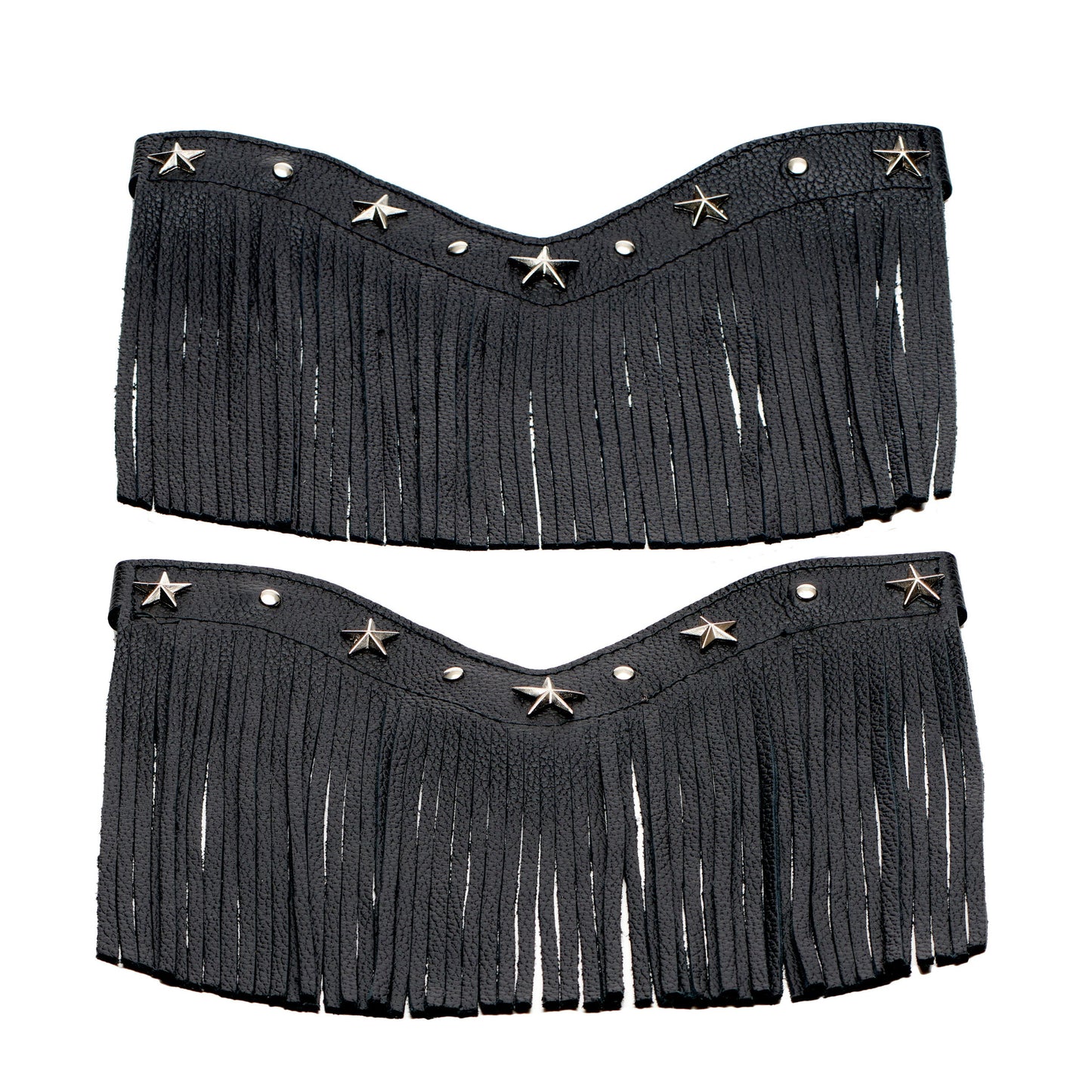 Black fringe boot shafts with star and stud accents and curved top conchos