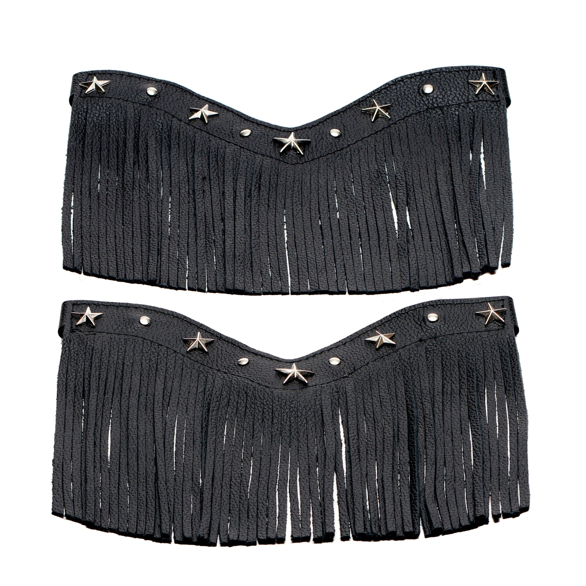 Black fringe boot shafts with star and stud accents and curved top conchos
