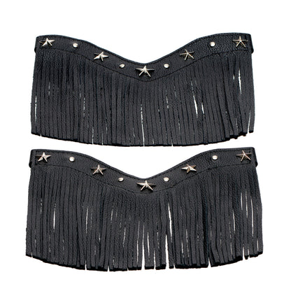 Black fringe boot shafts with star and stud accents and curved top conchos