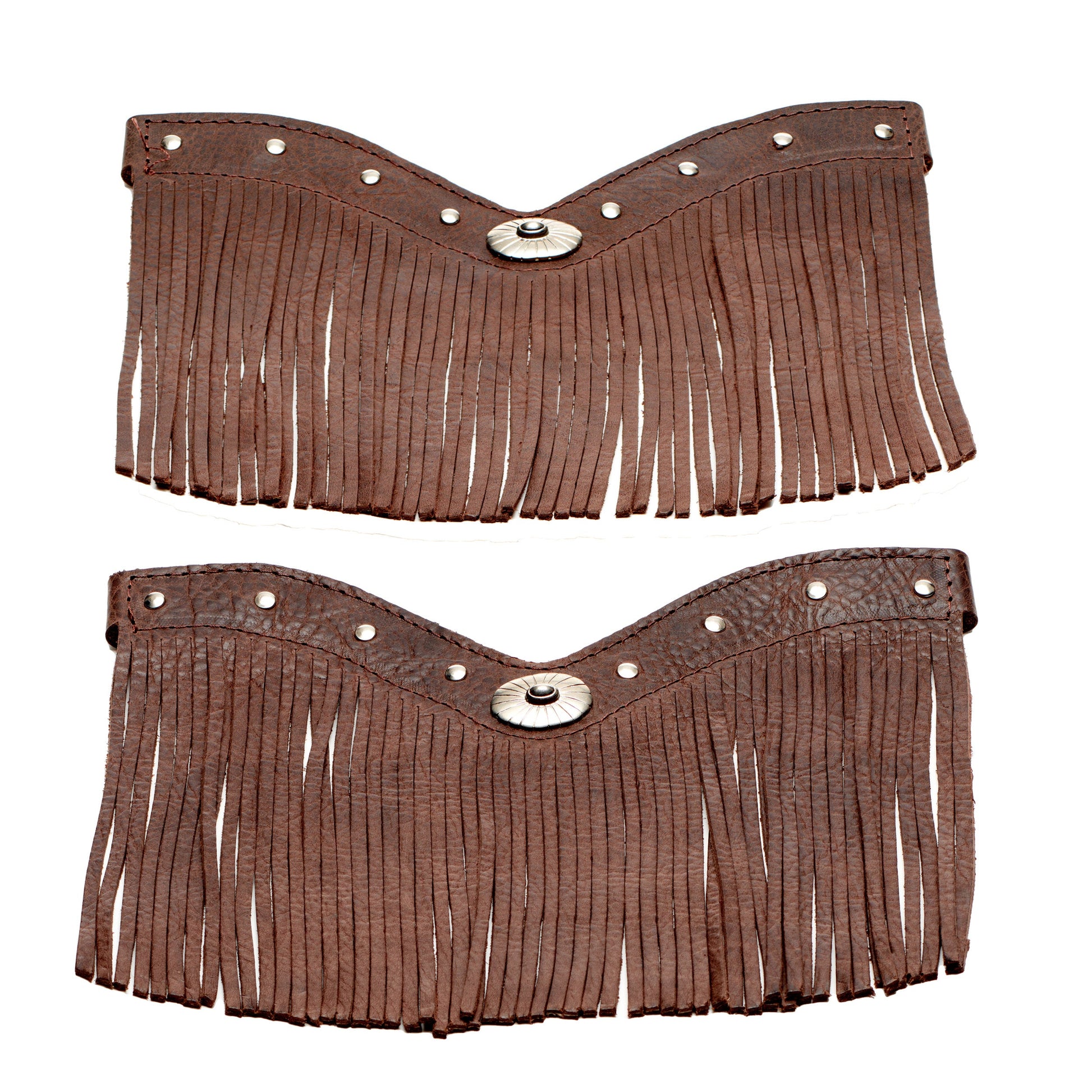 Brown suede fringe boot shafts with decorative metal conchos and stud accents