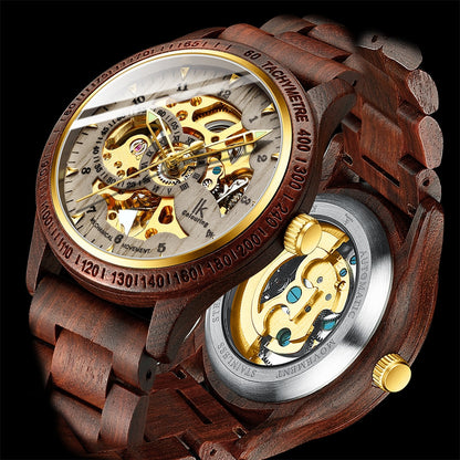 Men’s mechanical wooden watch with dark brown strap, gold bezel, and skeleton dial