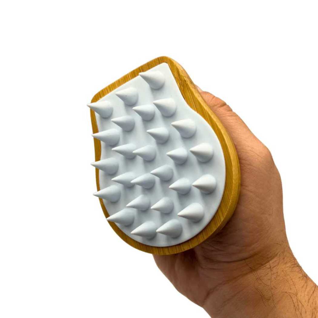 Wooden hair and scalp massaging brush with white soft massage nubs