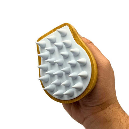 Wooden hair and scalp massaging brush with white soft massage nubs