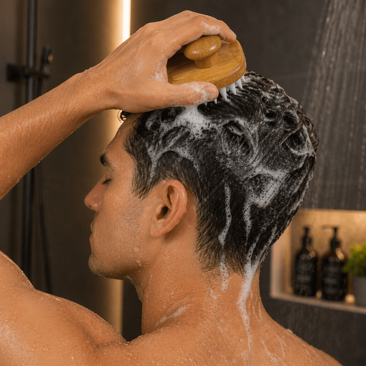 Wooden hair and scalp massaging brush held to wet hair for scalp massage