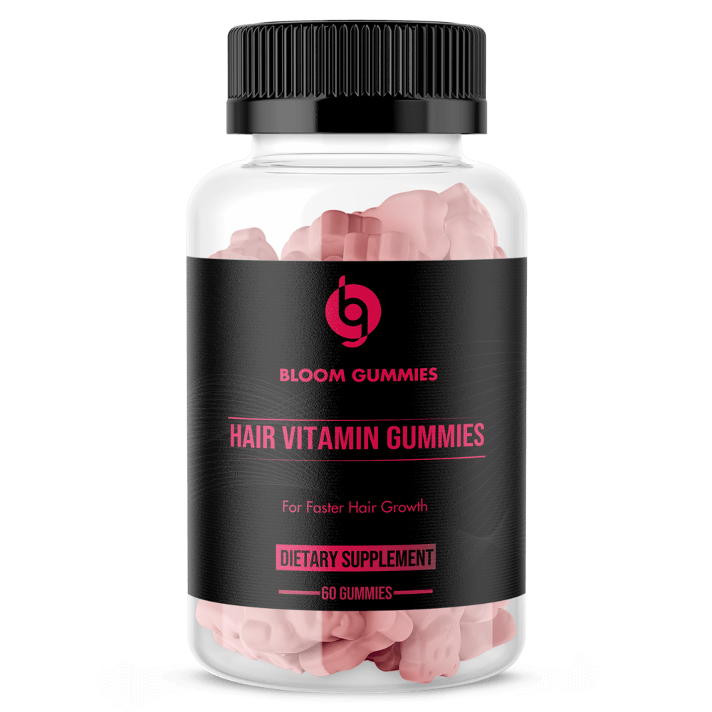 Hair vitamin gummies bottle, BLOOM by ZNETICS, black label with pink gummies