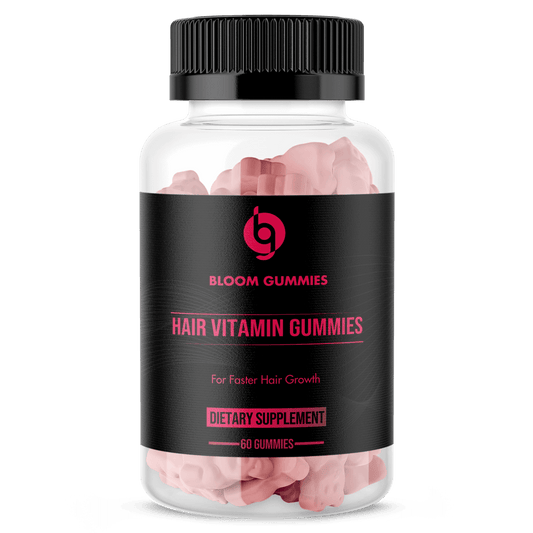 Hair vitamin gummies bottle, BLOOM by ZNETICS, black label with pink gummies