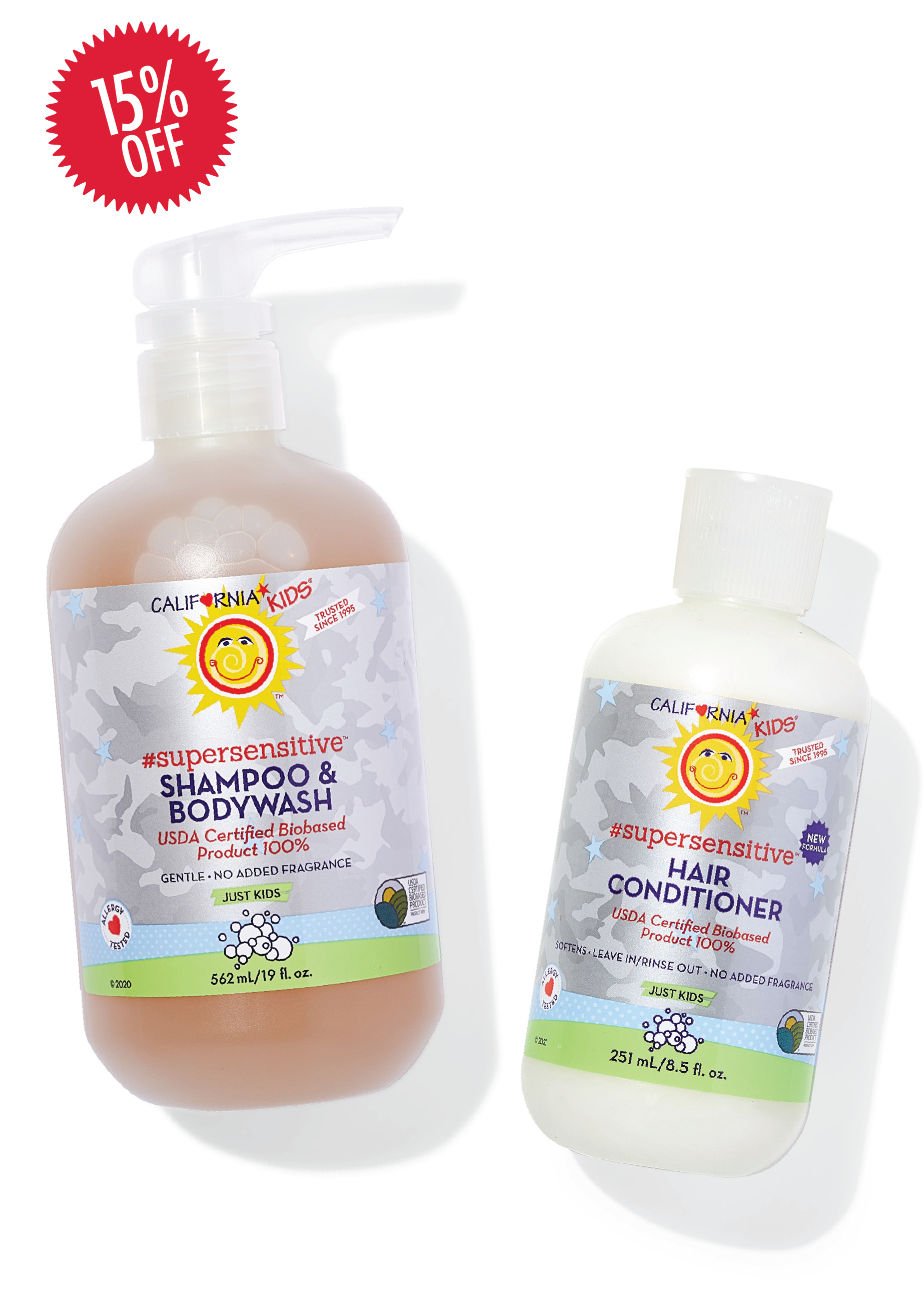 Kids fragrance-free shampoo and conditioner bottles with pumps