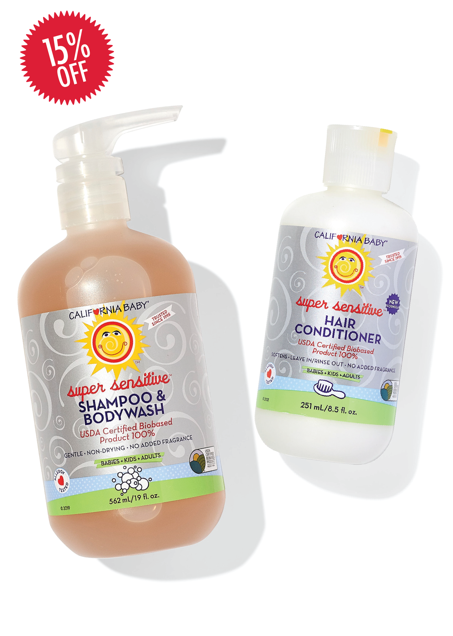 Baby super sensitive shampoo and conditioner bottles with pumps, 2-pack