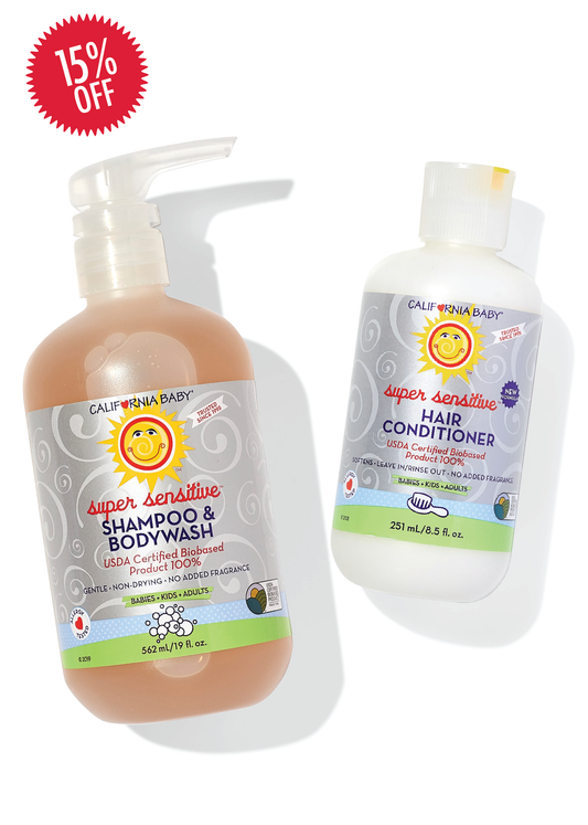 Baby super sensitive shampoo and conditioner bottles with pumps, 2-pack