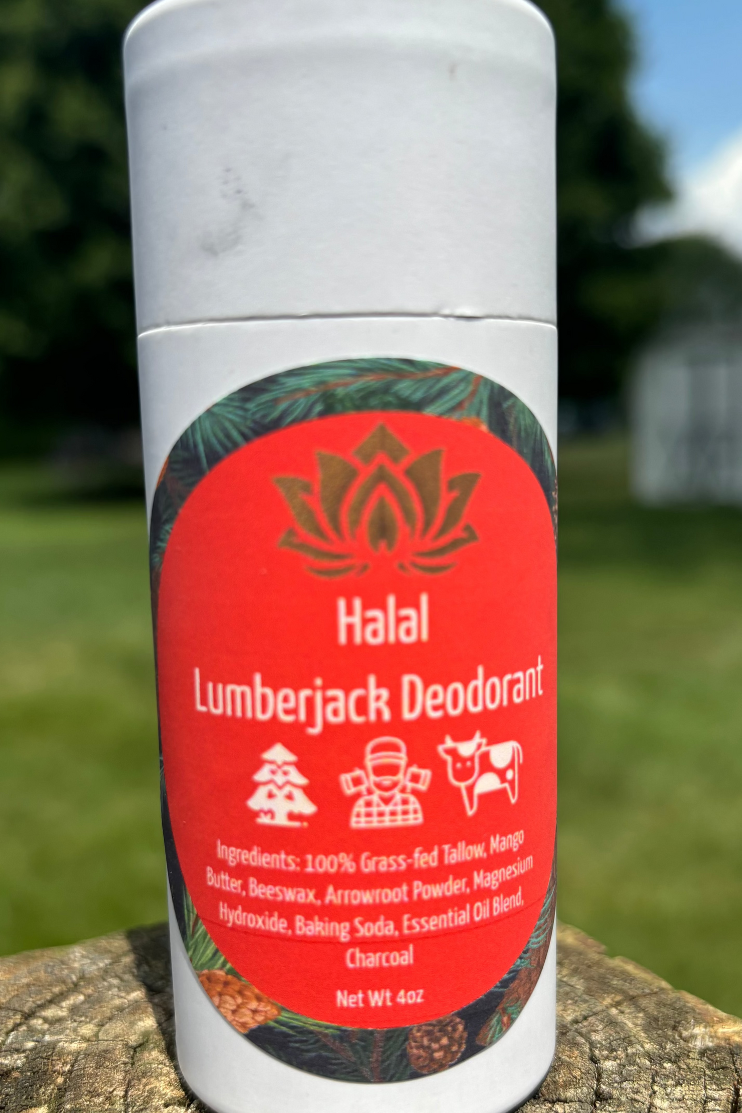 Halal tallow deodorant stick with Lumberjack label on white tube