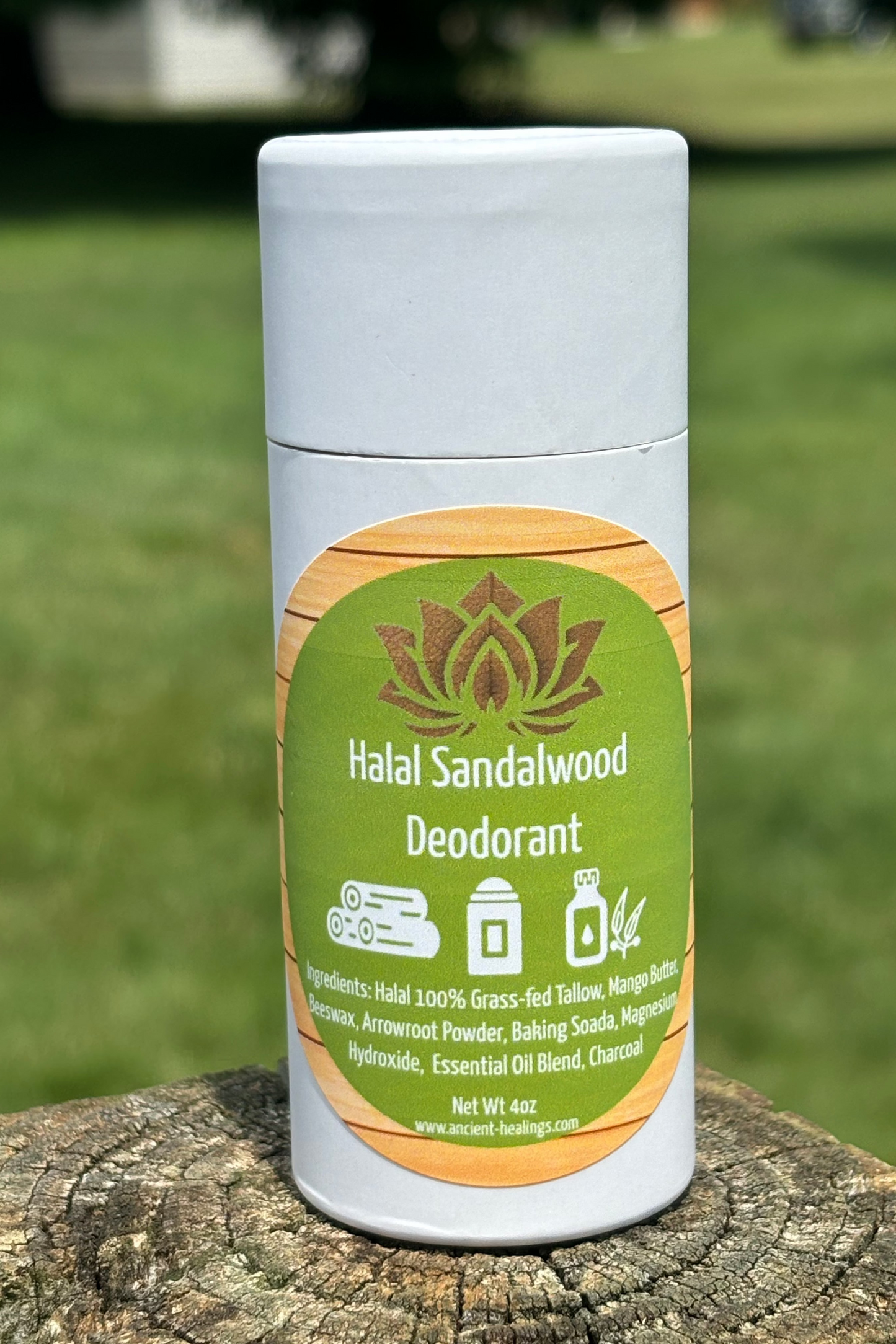 Halal tallow deodorant stick with Sandalwood label on white tube