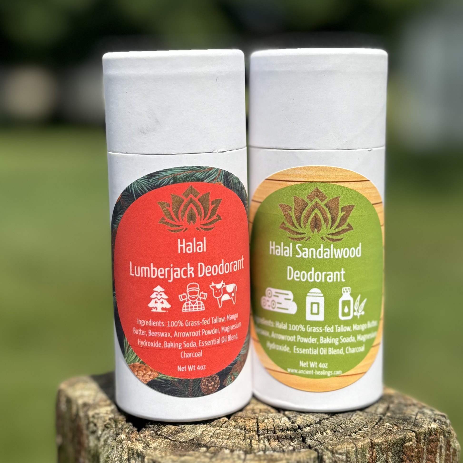 Halal tallow deodorant sticks with Lumberjack and Sandalwood labels on white tubes