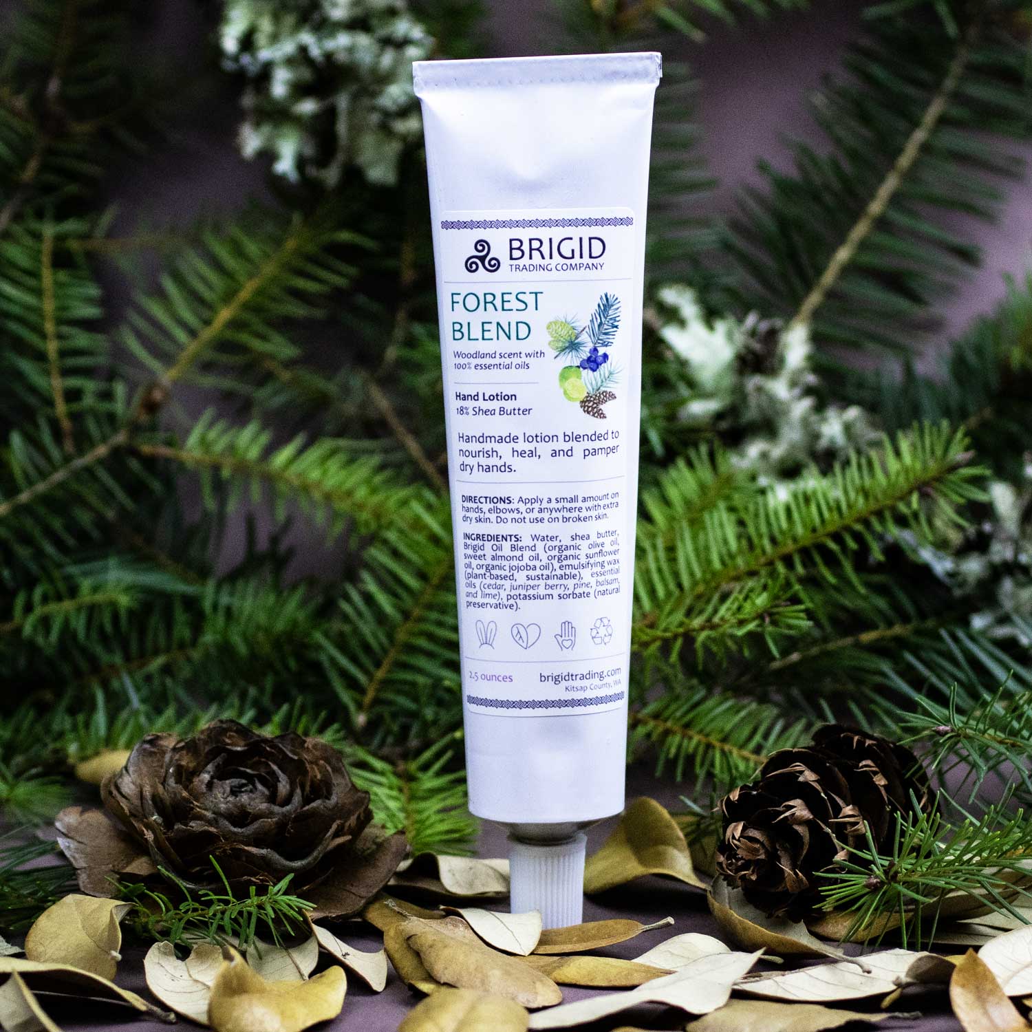 Hand lotion tube (white) with Brigid Forest Blend label