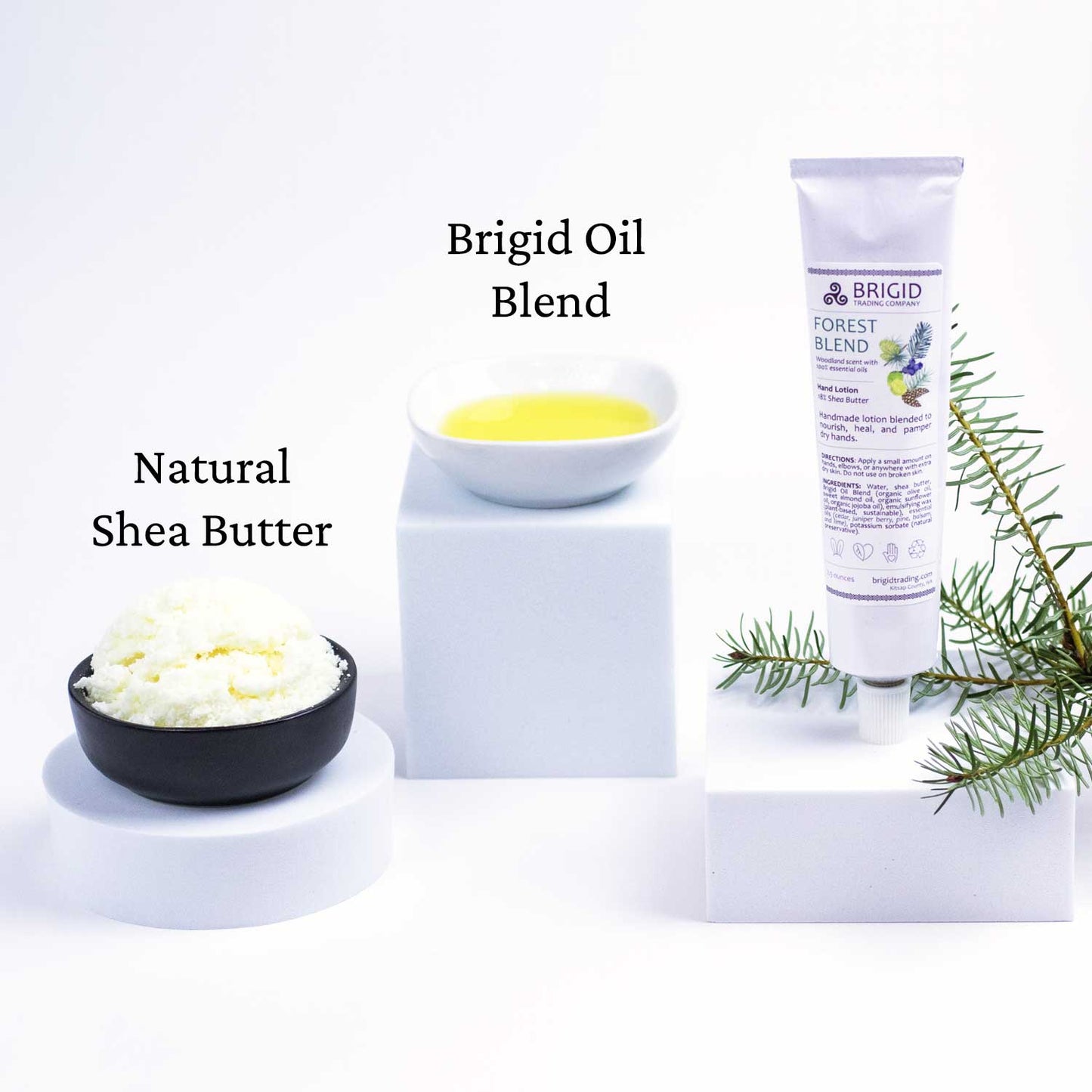 Natural hand lotion display with Brigid Forest Blend tube and shea butter