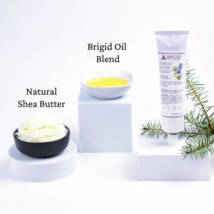 Natural hand lotion display with Brigid Forest Blend tube and shea butter
