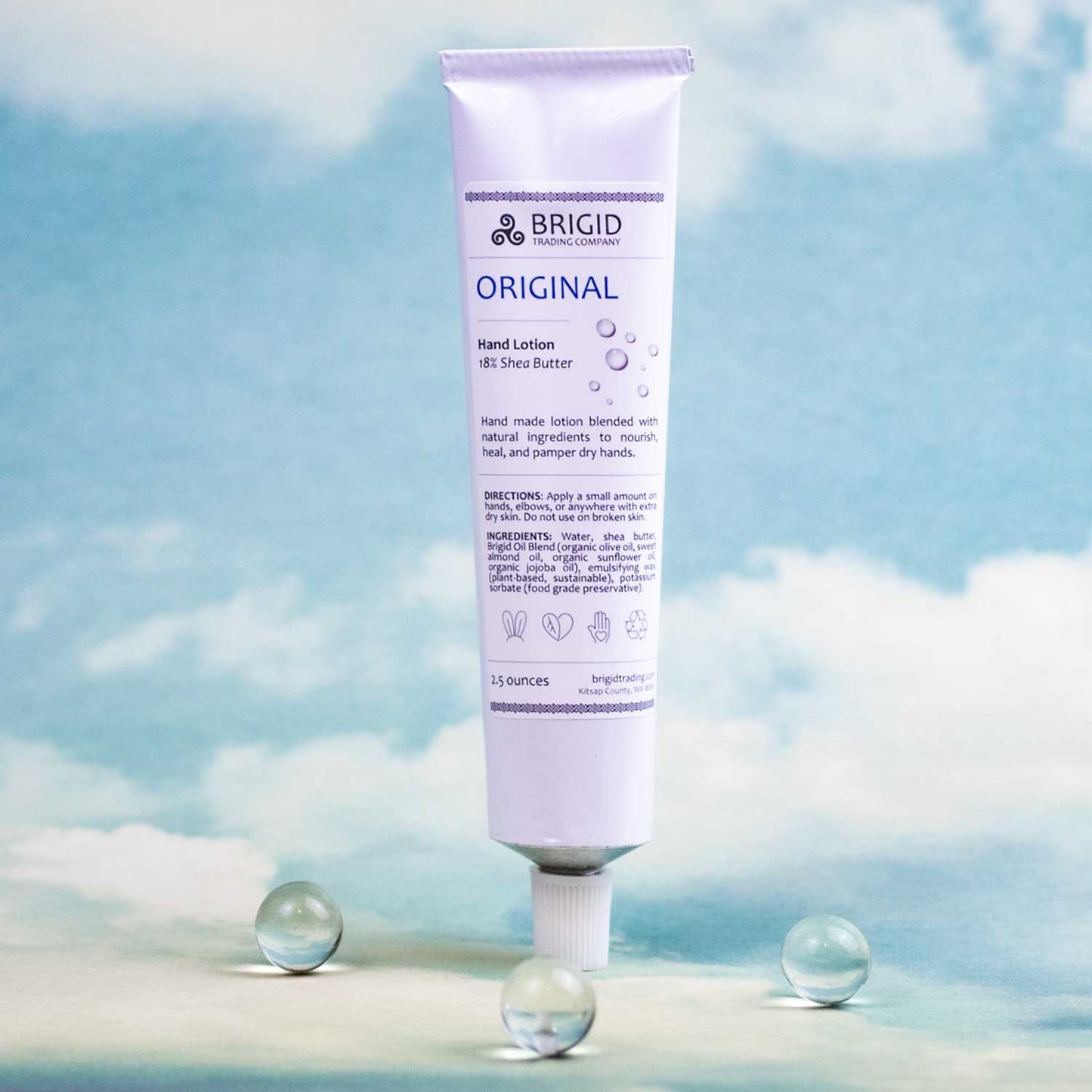 BRIGID hand lotion tube, white nozzle and purple label