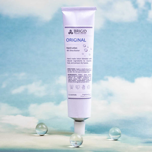 BRIGID hand lotion tube, white nozzle and purple label
