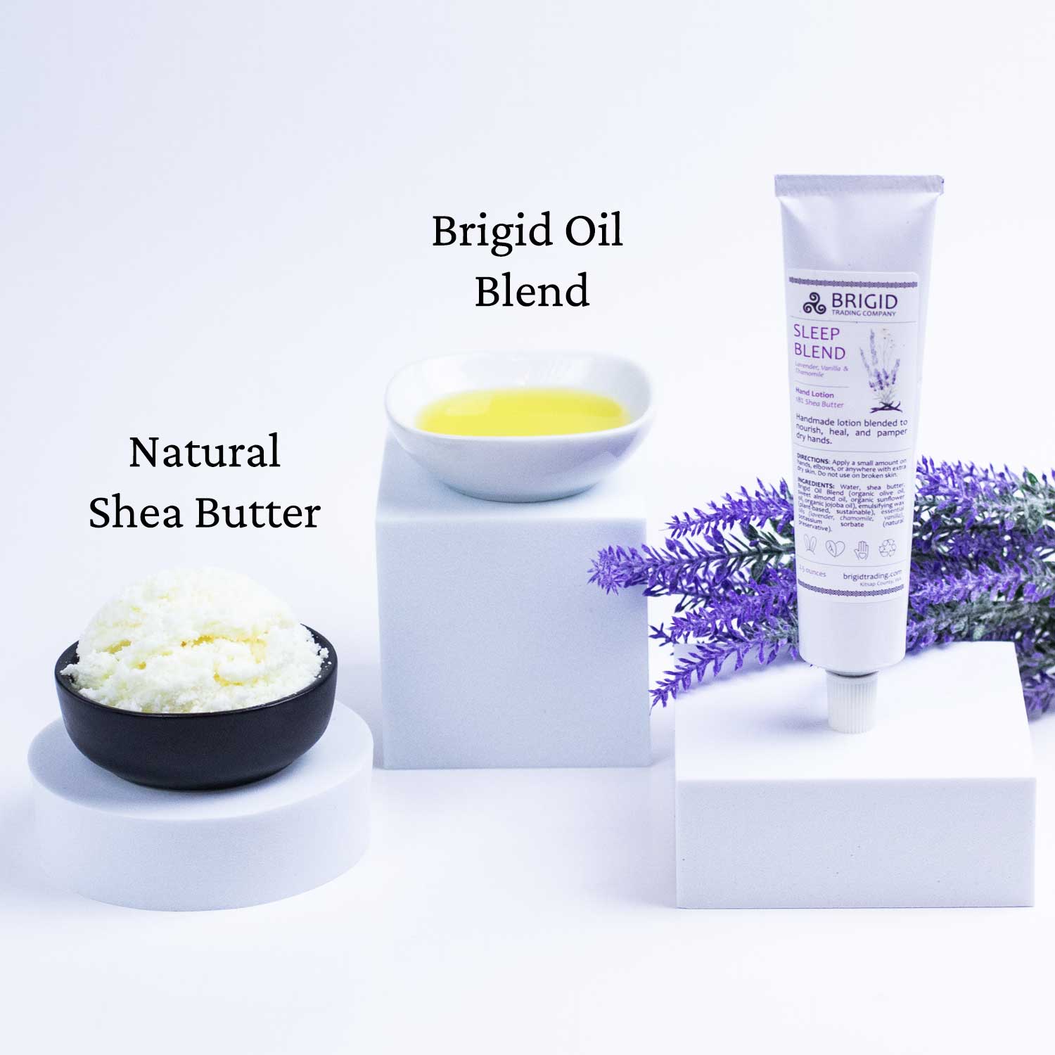 Sleep Blend hand lotion tube with shea butter and bowl of yellow oil