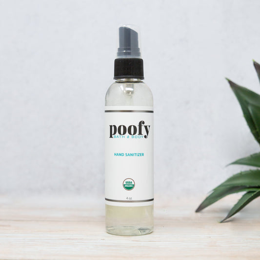 Poofy hand sanitizer 4 oz spray bottle, clear liquid, gray pump